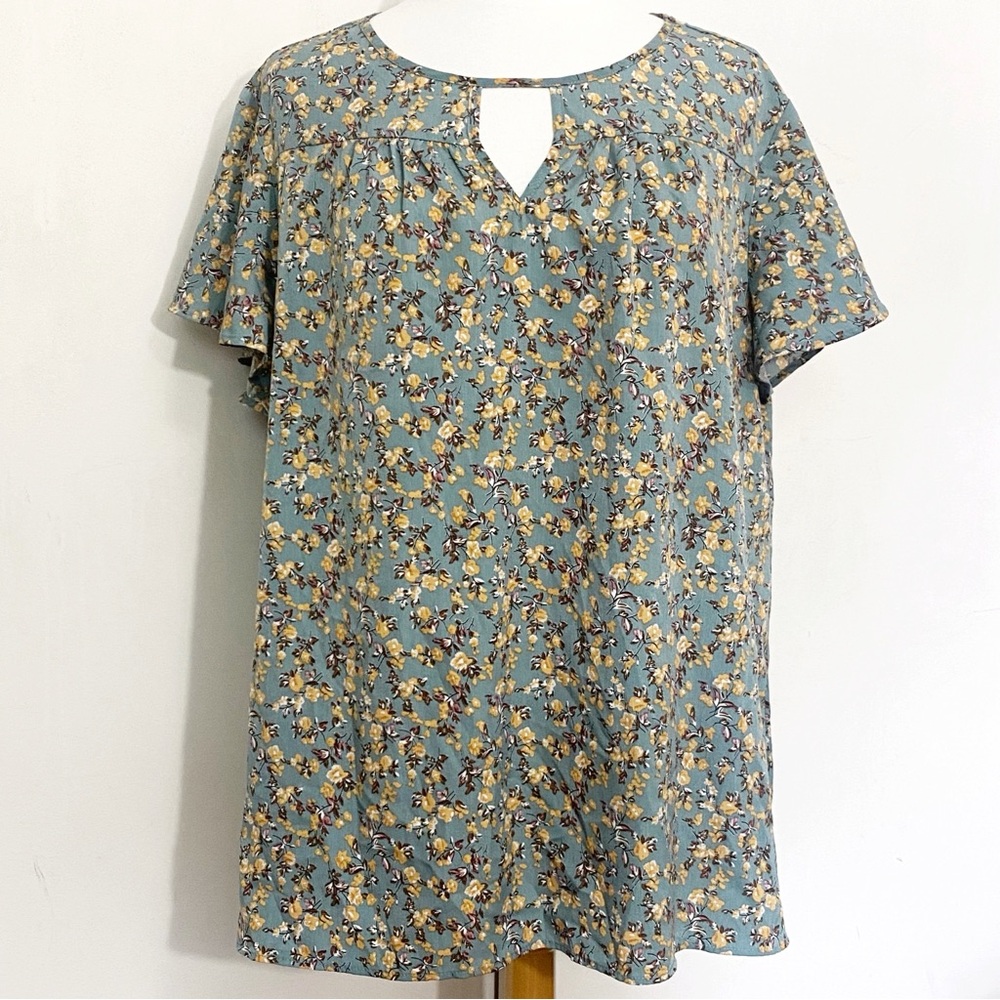Agnes Orinda Keyhole Neck Short Sleeve Floral Blue Women's Top Blouse 2X